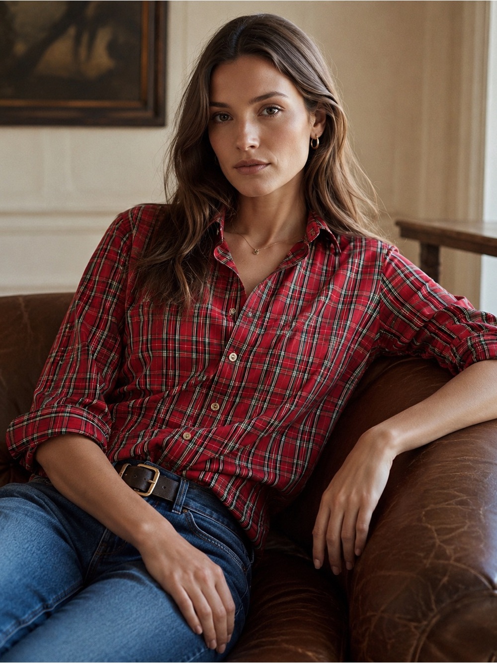 Talbots 14P Non-iron Red Tartan Plaid Gold Metallic Thread Button-Up Shirt